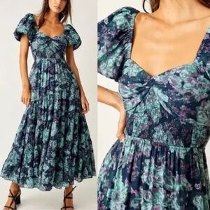 Free People Sundrenched Floral Tiered Maxi Dress Smocked Puff Sleeve NWT